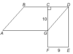 Image of a parallelogram labeled ABDG superimposed on a rectangle labeled CDEF. Angles ABD and AGD are obtuse. A perpendicular is dropped from vertex G to point C on line segment BD, forming right triangle GCD. Line segment CD forms the shorter side of rectangle CDEF.