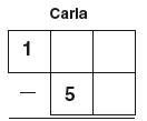  Carla's tiles. Top row with 3 tiles, bottom row has 2 tiles (aligned on left): the first one has a '1' in it, and the next two are blank. Bottom row with 2 tiles - first one has a '5' in it, and the second one is blank. Indicates to subtract the bottom row from the top row. 