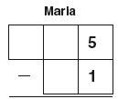 Maria's tiles. Top row with 3 tiles, bottom row has 2 tiles (aligned on right) - first two are blank, third one has a '5' in it. Bottom row has 2 tiles - first one is blank, second one has a '1' in it. Indicates to subtract the bottom row from the top row