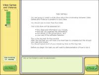 Screenshot of a program that features a sample item. Screen reads, "Task Details: You are going to create a slide show about the relationship between Video Games and Violence to present to your class. You should use no more than five slides. Your slide show will be assessed on: • the ideas and information you include; • the way you organise the information; • the design of the presentation; and • your use of the software features. This is the big task for this module. After this big task you will have one small task to complete but this should only take one minute. You should spend most of your remaining time on this big task. Before you begin this task you will watch a demonstration of how to do it."