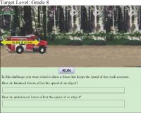 Screenshot of a program that features a sample item. Screen shows a firetruck with a arrow pointing to the left, labeled "45 kN," and an arrow pointing to the right, labeled "40 kN." There is a "RUN" button in the middle of the screen. Below, the text reads, "In this challenge you were asked to draw the force that keeps the speed of the truck constant." The first question reads, "How do the balanced forces affect the speed of an object?" The second question reads, "How do unbalanced forces affect the speed of an object?"
