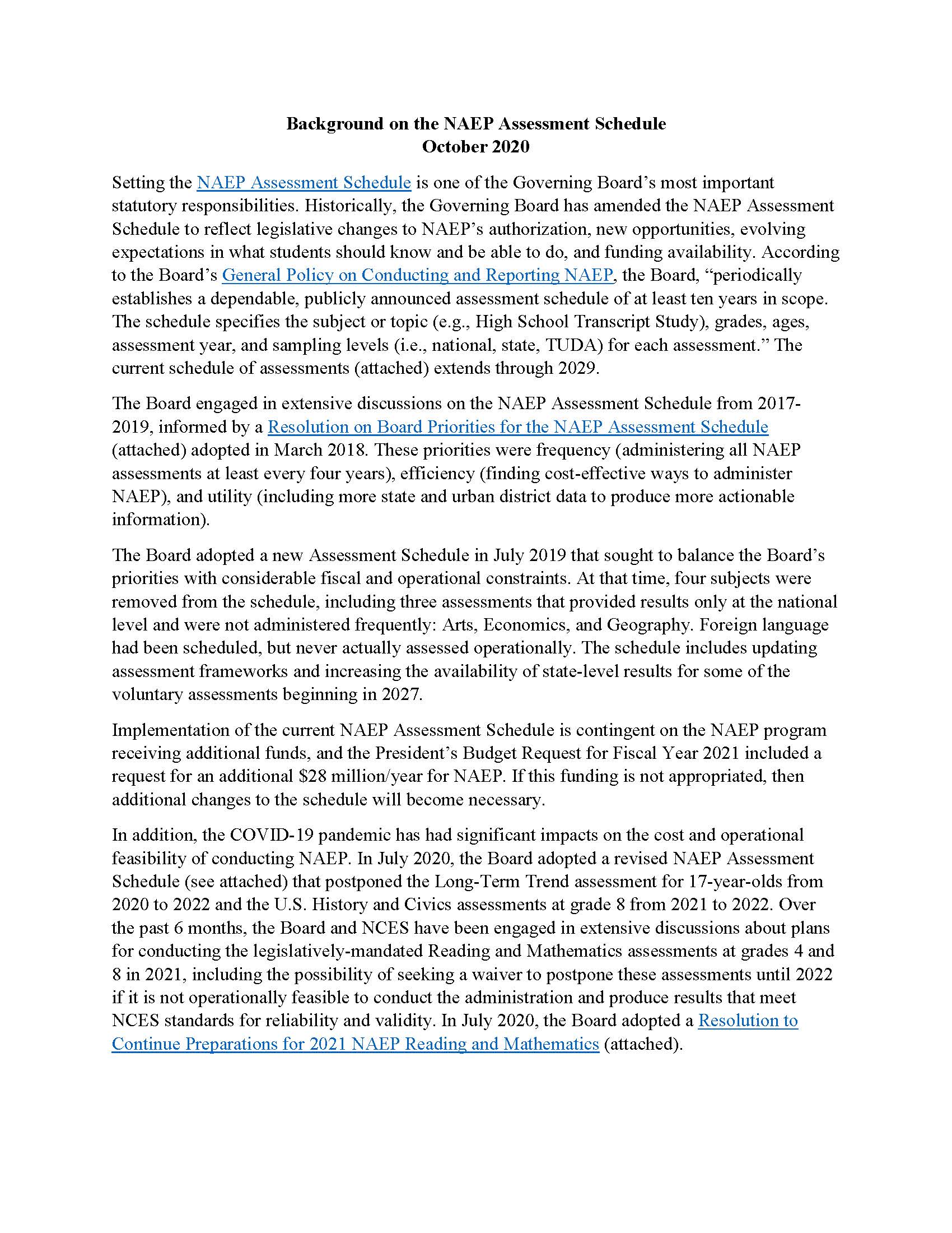 Background on the NAEP assessment Schedule