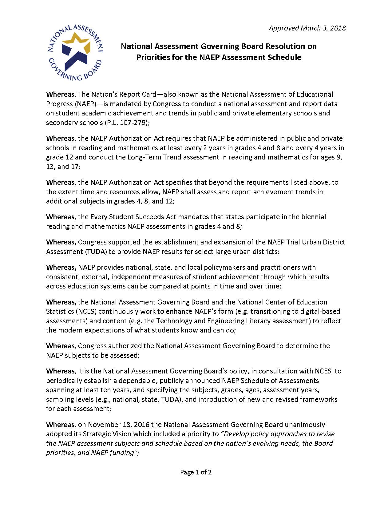 Resolution on Priorities for NAEP Assessment Schedule (2018)