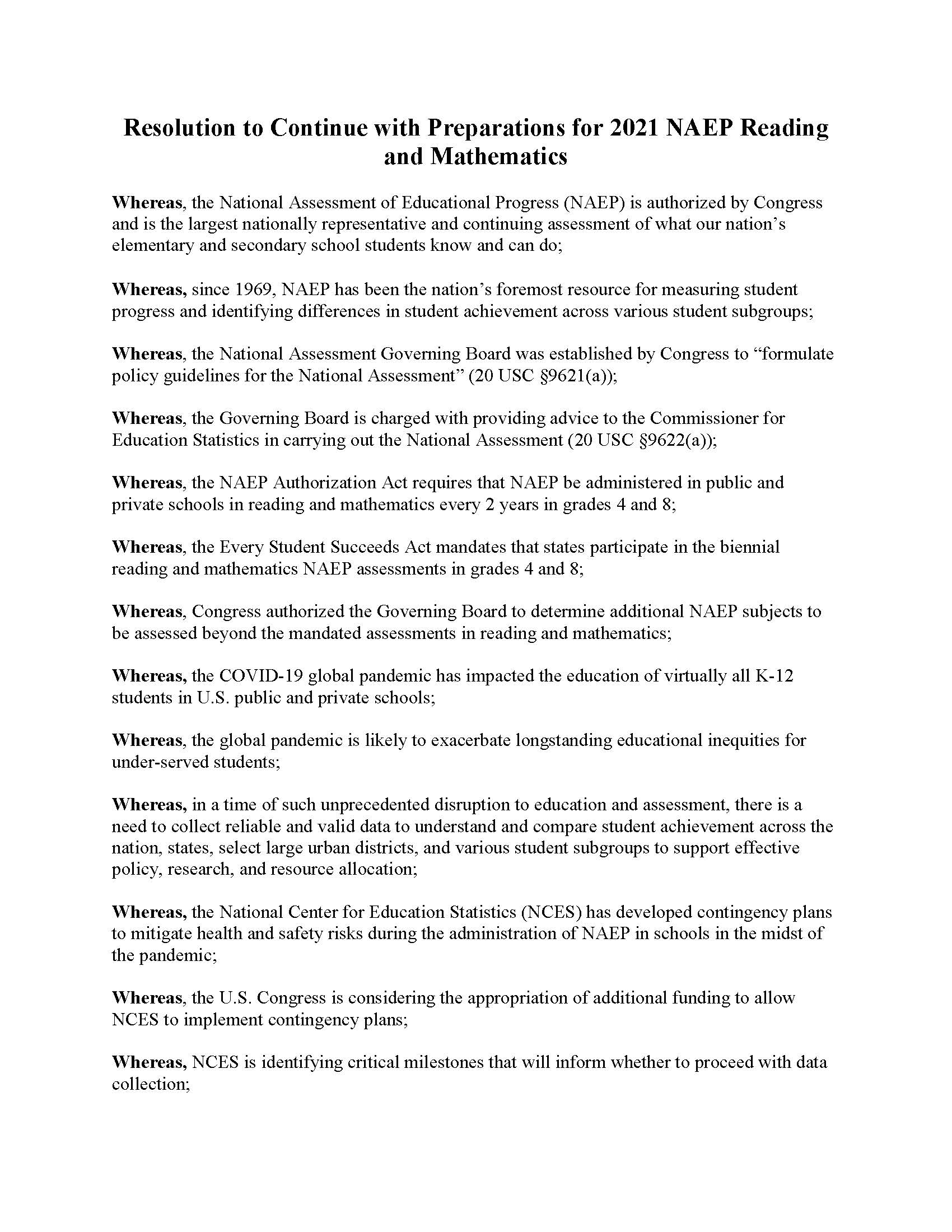Resolution to Proceed NAEP 2021