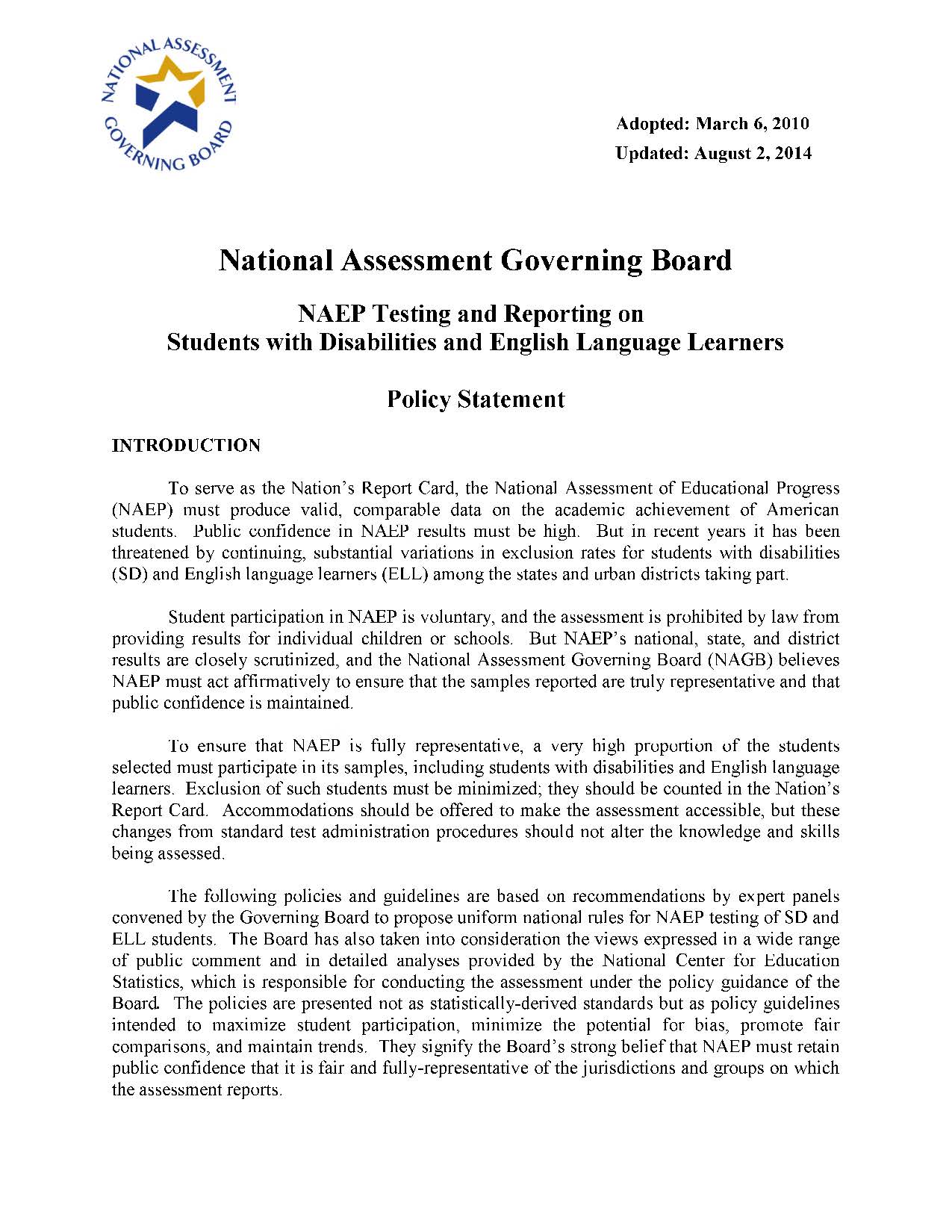 NAEP Testing and Reporting on Students with Disabilities and English Language Learners (updated 2014)