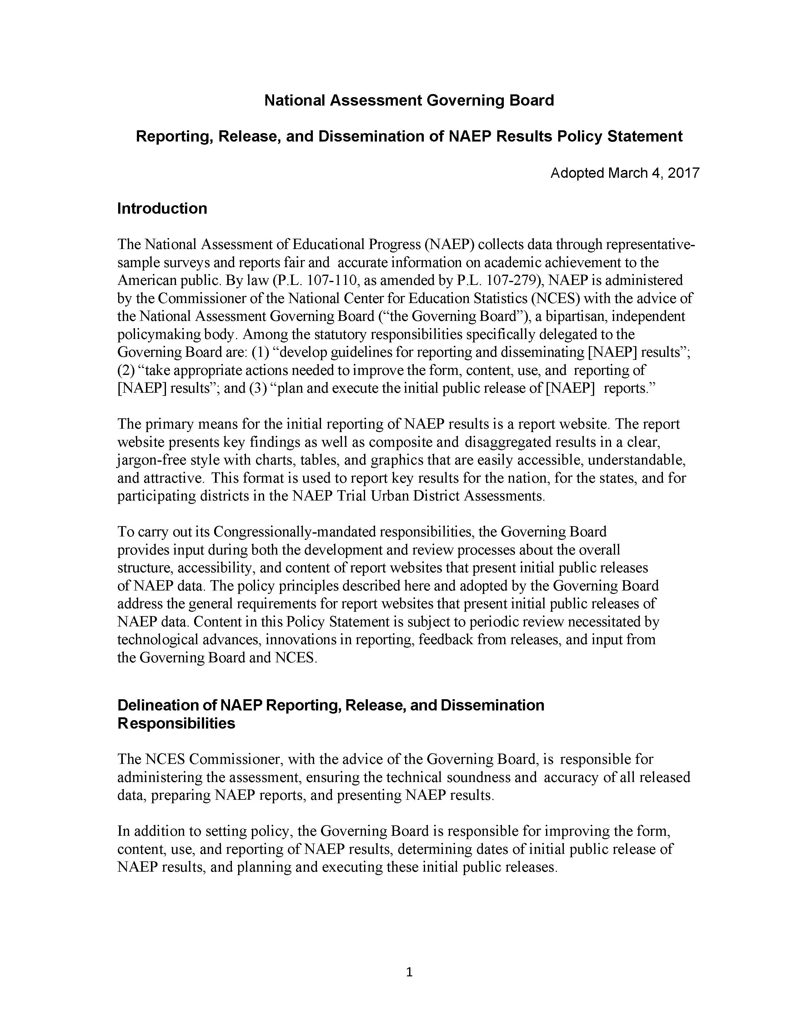 Reporting, Release, and Dissemination of NAEP Results (2017)