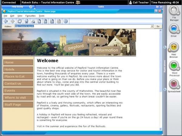 Screenshot of a sample program for sample items. Screen shows a browser marked as "Pepford Tourist Information Centre – Home page." The screen has introductory text about visiting Pepford and is labeled "Pepford Tourist Information." There are links at the left marked Home, Hotels, Places to Eat, Contact us, Events, Where to visit, Staff Page. On the right, outside of the browser, there are buttons for various other Applications: File Manager, Email, Web Browser, Word Processor, and Spreadsheet. Web browser is currently selected.