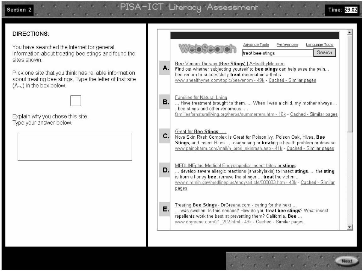 Screenshot of a program that features a sample item about web searching. Text reads, "Directions: You have searched the Internet for general information about treating bee stings and found the sites shown. Pick one site that you think has reliable information about treating bee stings. Type the letter of that site (A-J) in the box below. Explain why you chose this site. Type your answer below." Below, there is a small empty box for the letter and an empty text box for the explanation. On the right is the "WebSearch" screen showing results for a search of "treat bee stings" with results for sites A-E showing.