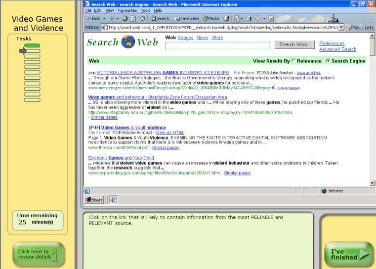 Screenshot of a program that features a sample item about web searching. "Search Web" screen shows search results about video games and violence. Below, it reads, "Click on the link that is likely to contain information from the most RELIABLE and RELEVANT source."