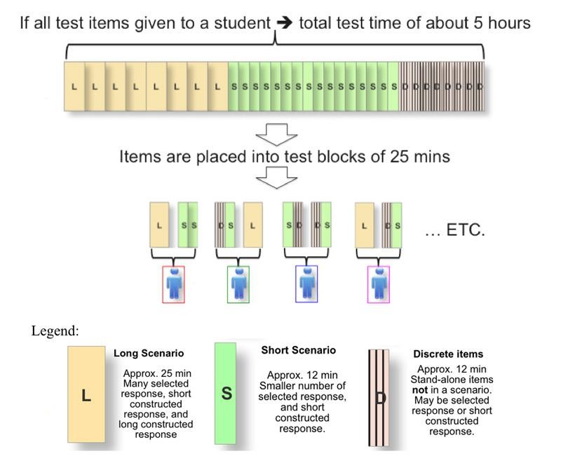 Text reads, "If all test items given to a student → total test time of about 5 hours," and diagram shows rectangles labeled L, S, and D. L rectangles are double the size of S and D rectangles. Then text reads, "Items are placed into test blocks of 25 mins," and diagram shows 4 blocks made up of a variety of L, S, and D rectangles, with each full block the same size, though made of varying parts, and each block corresponds to a different student. Legend reads, "L = Long Scenario: Approx. 25min, Many selected response, short constructed response, and long constructed response; S = Short Scenario: Approx. 12min, Smaller number of selected response, and short constructed response; D = Discrete Items: Approx. 12min, Stand-alone items not in a scenario. May be selected response or short constructed response."